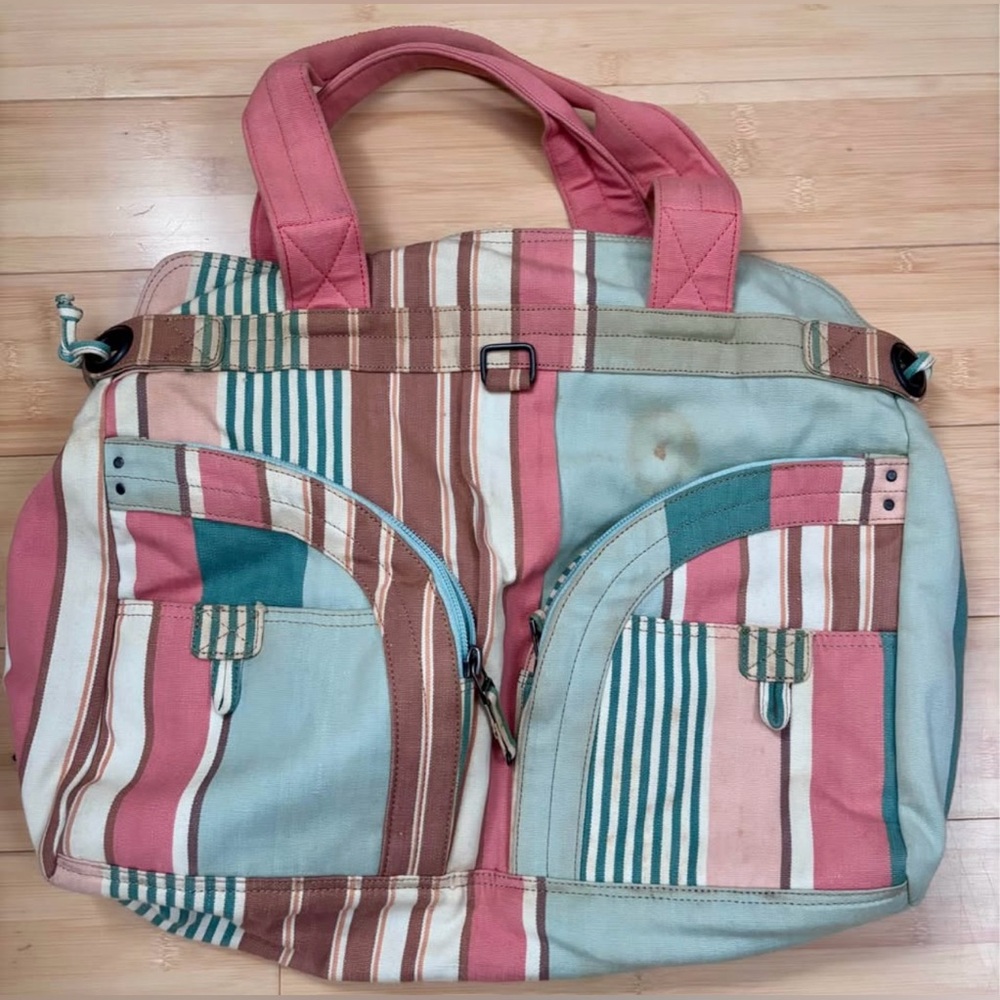 French Connection Striped Canvas Tote in Pink, Teal & Brown